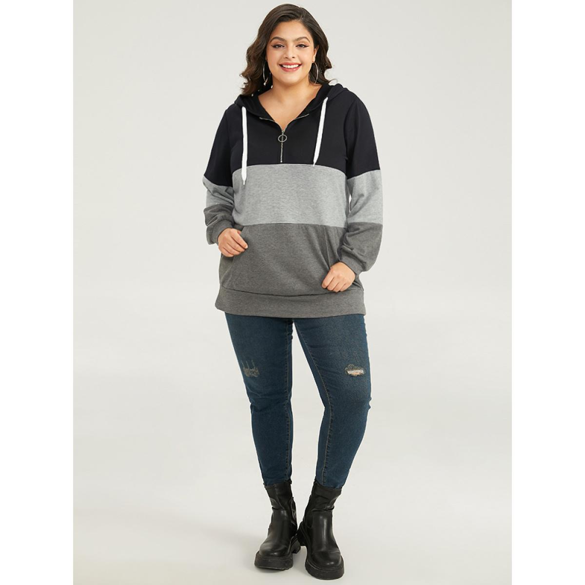 Plus Size Colorblock Contrast Half Zip Hooded Sweatshirt Women DimGray Casual Elastic cuffs Hooded Dailywear Sweatshirts BloomChic 18-20/2X Product Image