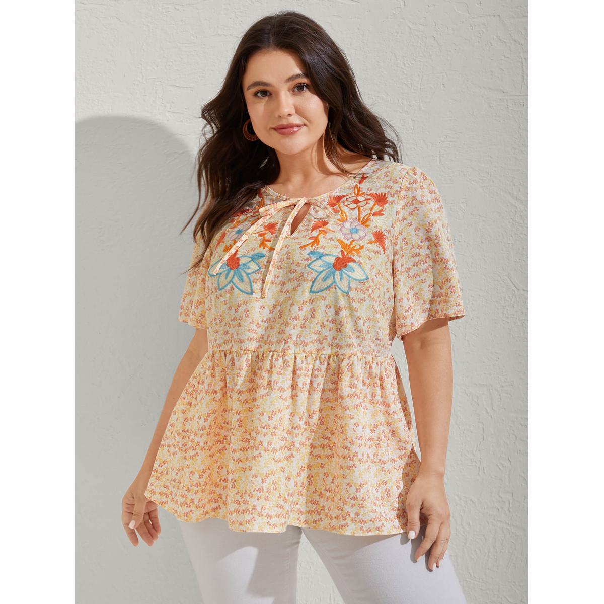Plus Size Lightyellow Floral Embroidery Neck Tie Blouse Women Resort Half Sleeve V-neck Vacation Blouses BloomChic 18-20/2X Product Image