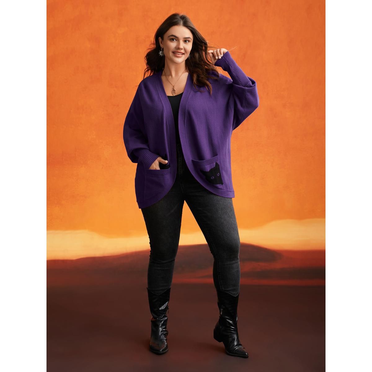 Plus Size Cat Printed Pockets Arc Hem Cardigan Deeppurple Women Playful Loose Long Sleeve Casual Cardigans BloomChic 22-24/3X Product Image