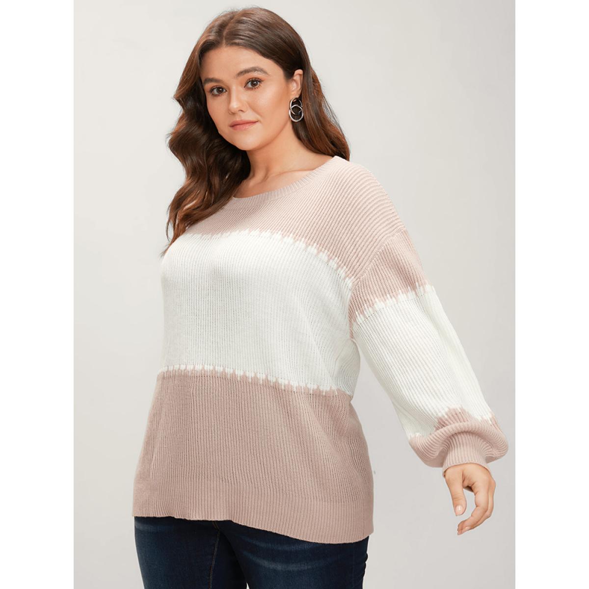 Plus Size Colorblock Contrast Pointelle Knit Lantern Sleeve Round Neck Knit Top DustyPink Women Casual Loose Long Sleeve Round Neck Dailywear Pullovers BloomChic 30/6X Product Image