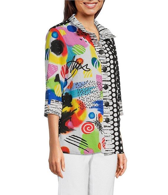 Ali Miles Petite Size Woven Abstract Print Wire Collar 3/4 Sleeve Button Front Tunic Product Image