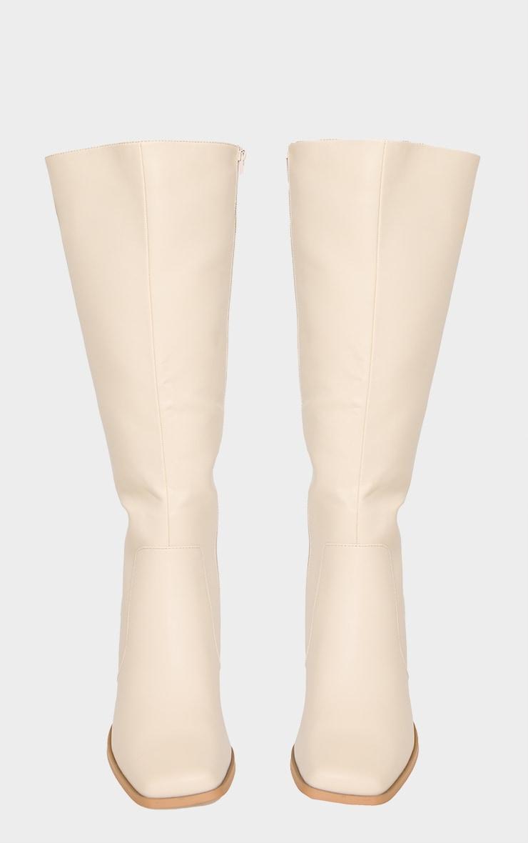 Cream Pu Wide Fit Round Toe Knee High Heeled Boots Product Image