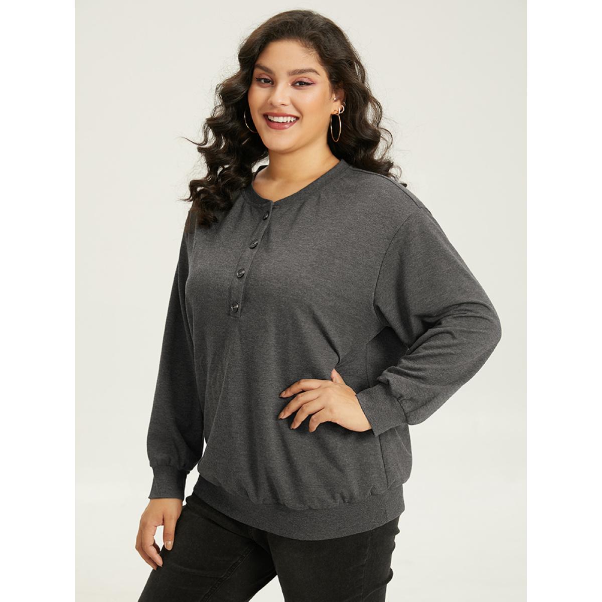 Plus Size Solid Button Through Elastic Cuffs Sweatshirt Women DimGray Casual Plain Open Front Dailywear Sweatshirts BloomChic 12/L Product Image