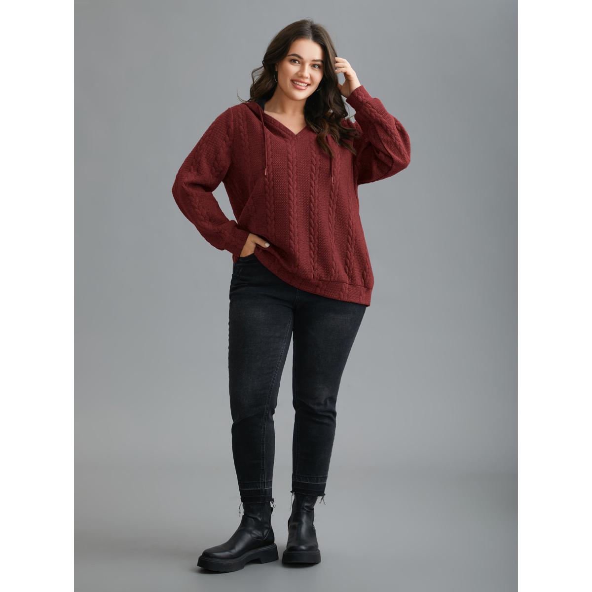 Plus Size Cable Knit V-Neck Ribbed Hem Hoodie Women Burgundy Casual Texture Hooded Everyday Sweatshirts BloomChic 28/5X Product Image