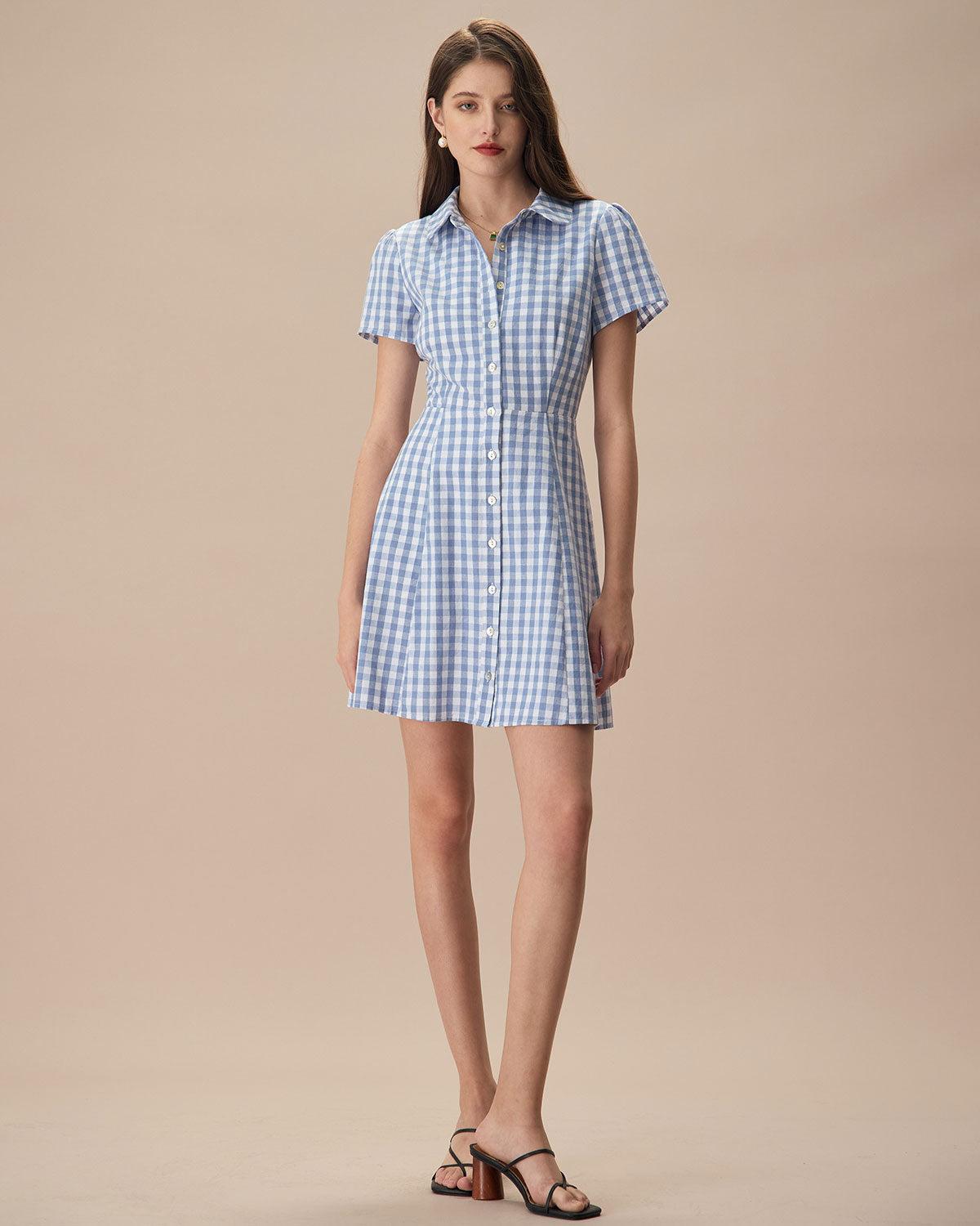 Women's Blue Plaid Lapel Cotton Mini Dress Female Product Image