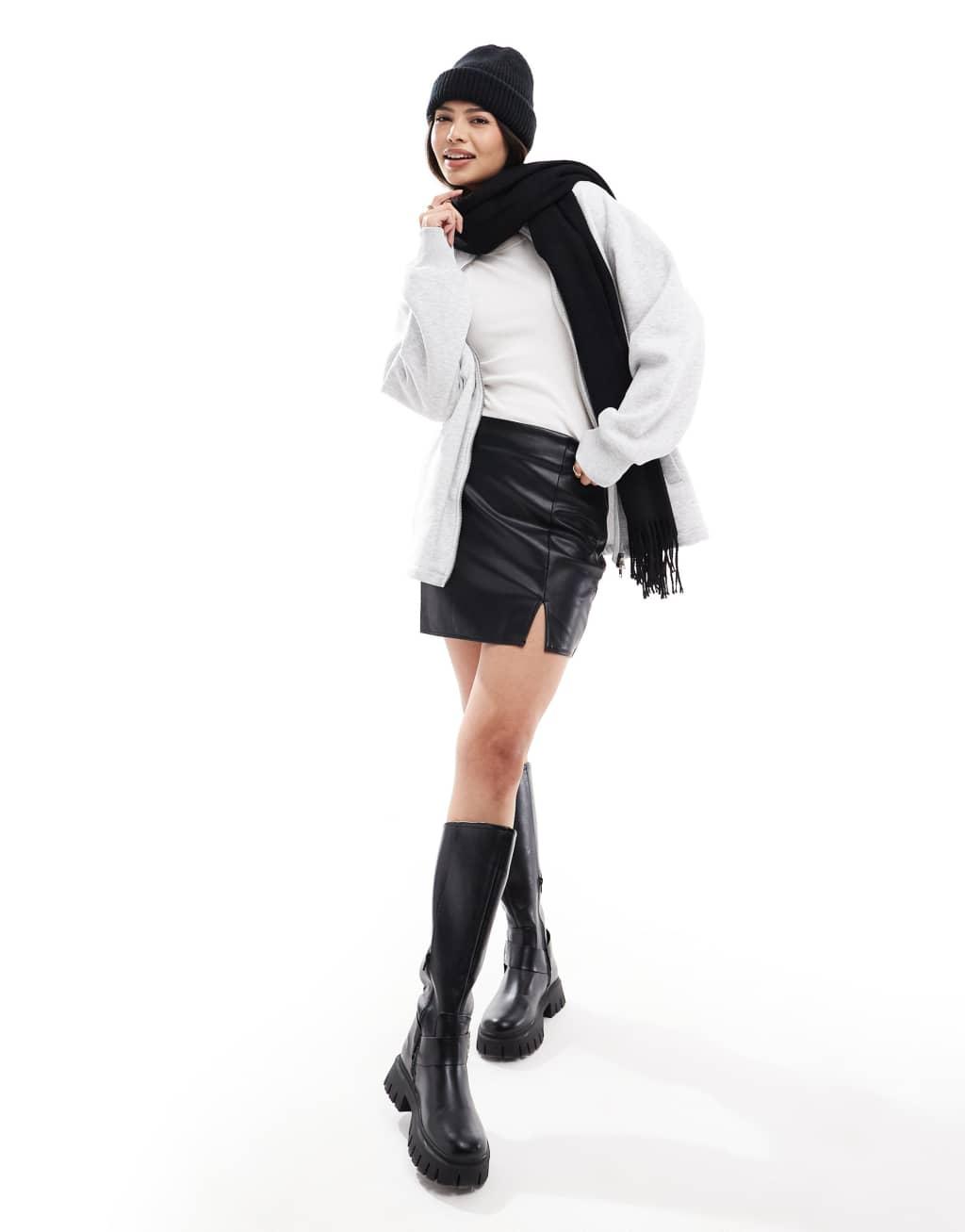 ASOS DESIGN split front leather look mini skirt in black Product Image