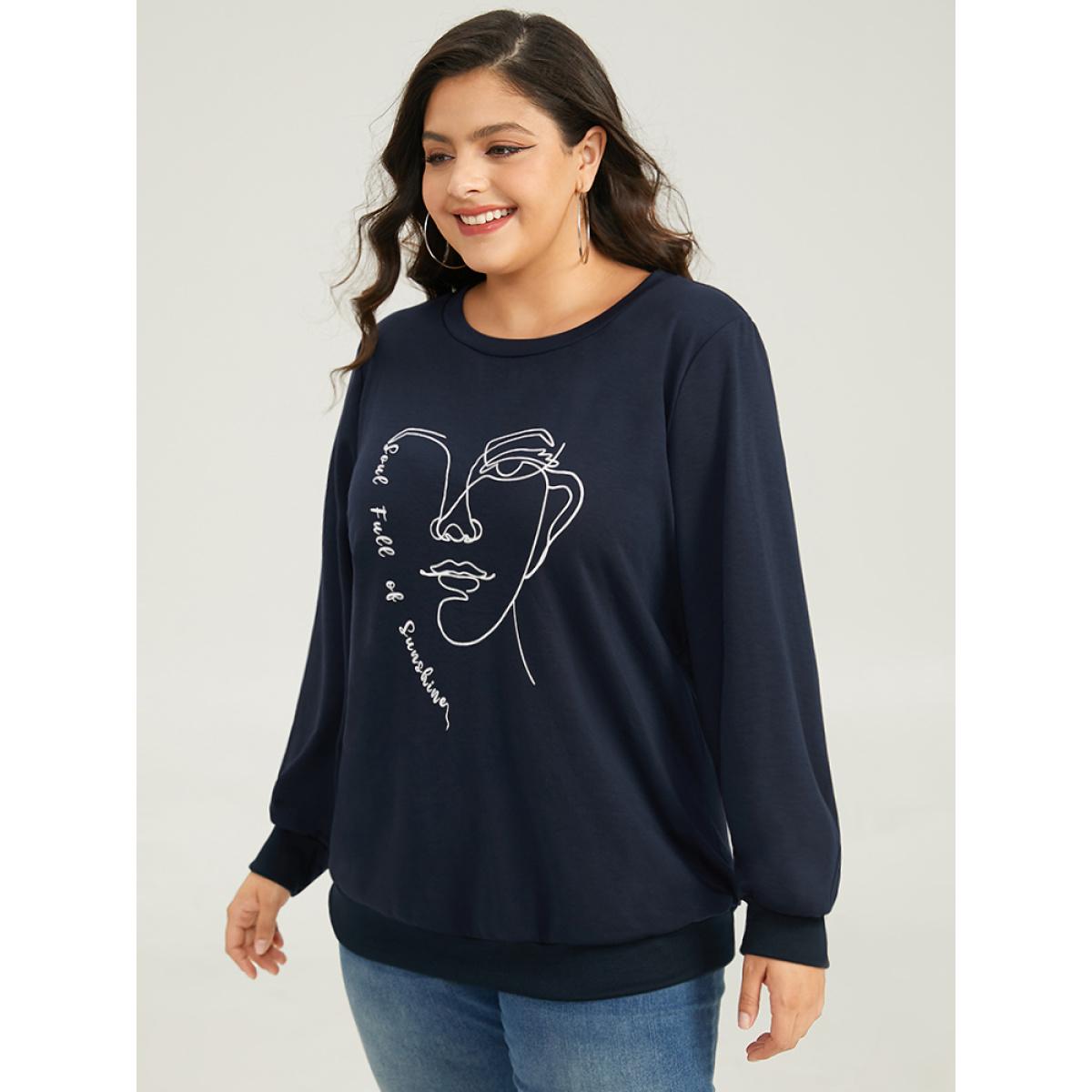 Plus Size Art Figure Elastic Cuffs Crew Neck Sweatshirt Women Indigo Casual Elastic cuffs Dailywear Sweatshirts BloomChic 28/5X Product Image