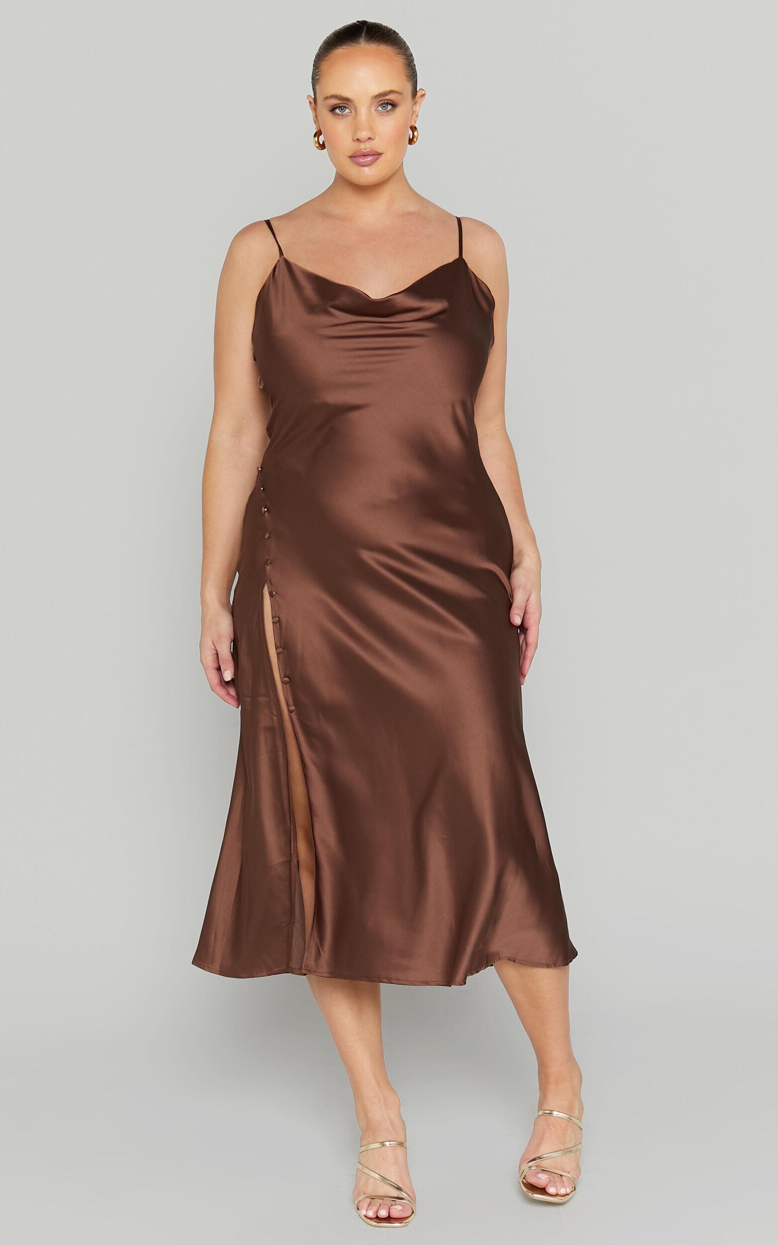 Flordeliza Midi Dress - Cowl Neck Thigh Slit Slip Dress in Chocolate Product Image