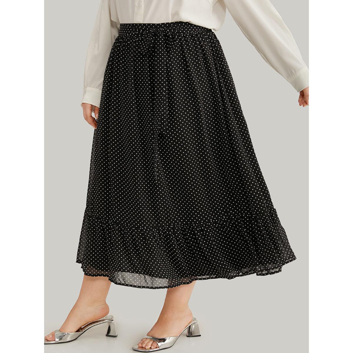 Plus Size Polka Dot Bowknot Ties Ruffles Skirt Women Black Office Lined No stretch Office Skirts BloomChic 26/4X Product Image