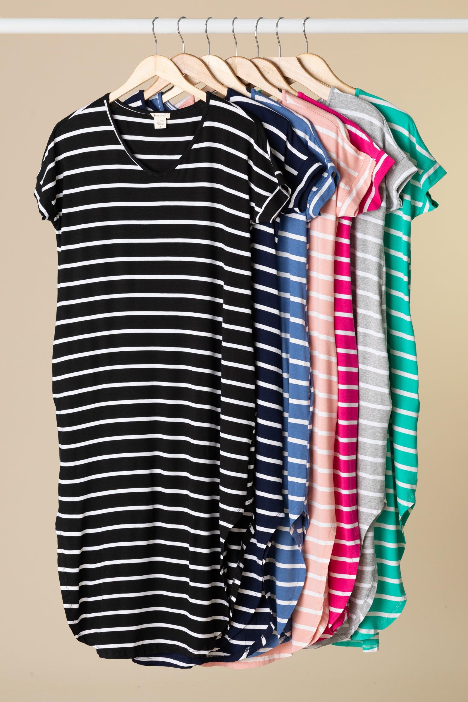 Striped Curved Hem Midi Dress With Pockets Product Image