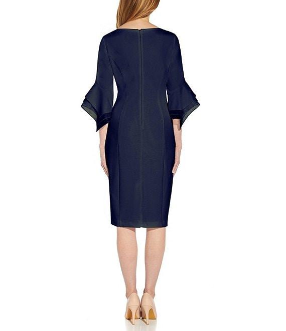 Adrianna Papell Petite Size 3/4 Bell Sleeve Boat Neck Stretch Crepe Knit Sheath Dress Product Image