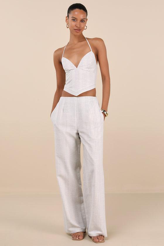 Anahita Cream and Blue Striped Mid-Rise Straight Leg Pants Product Image