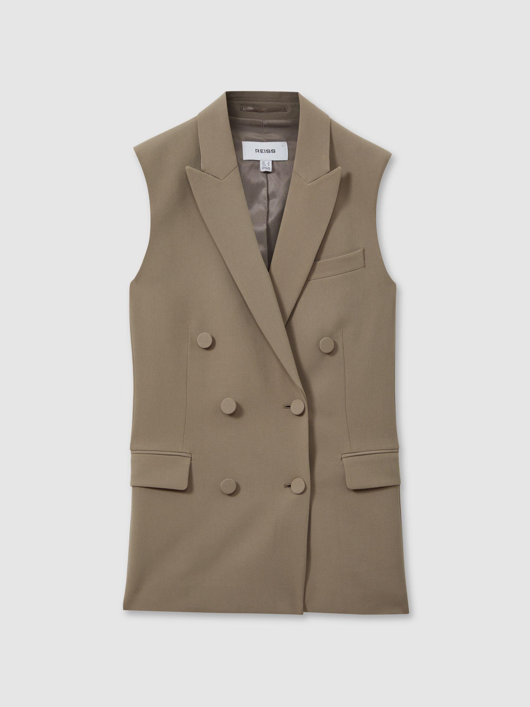 Petite Double Breasted Longline Suit Waistcoat in Khaki Product Image