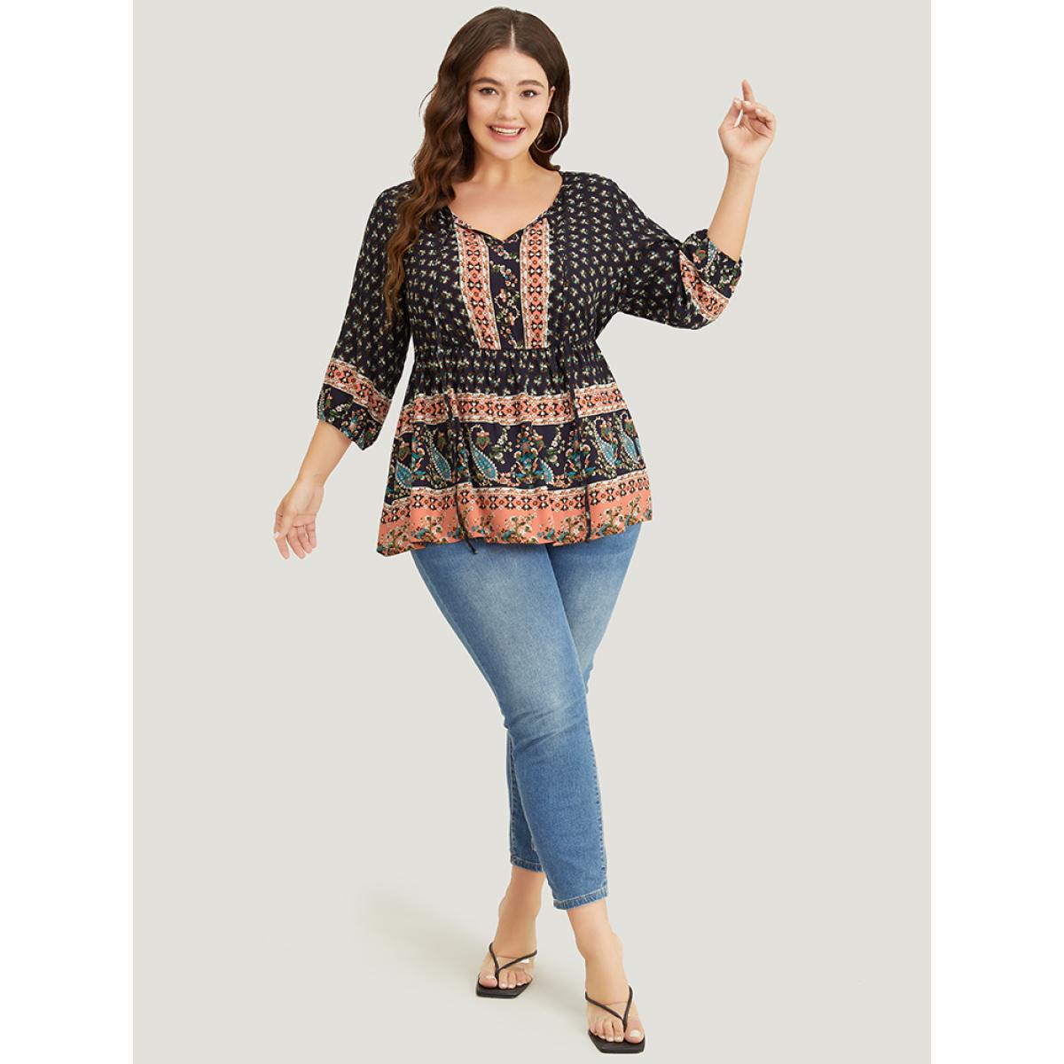 Plus Size Indigo Bandana & Paisley Print Lantern Sleeve Knot Neck Ruffle Blouse Women Vacation Elbow-length sleeve Tie Neck Dailywear Blouses BloomChic 12/L Product Image