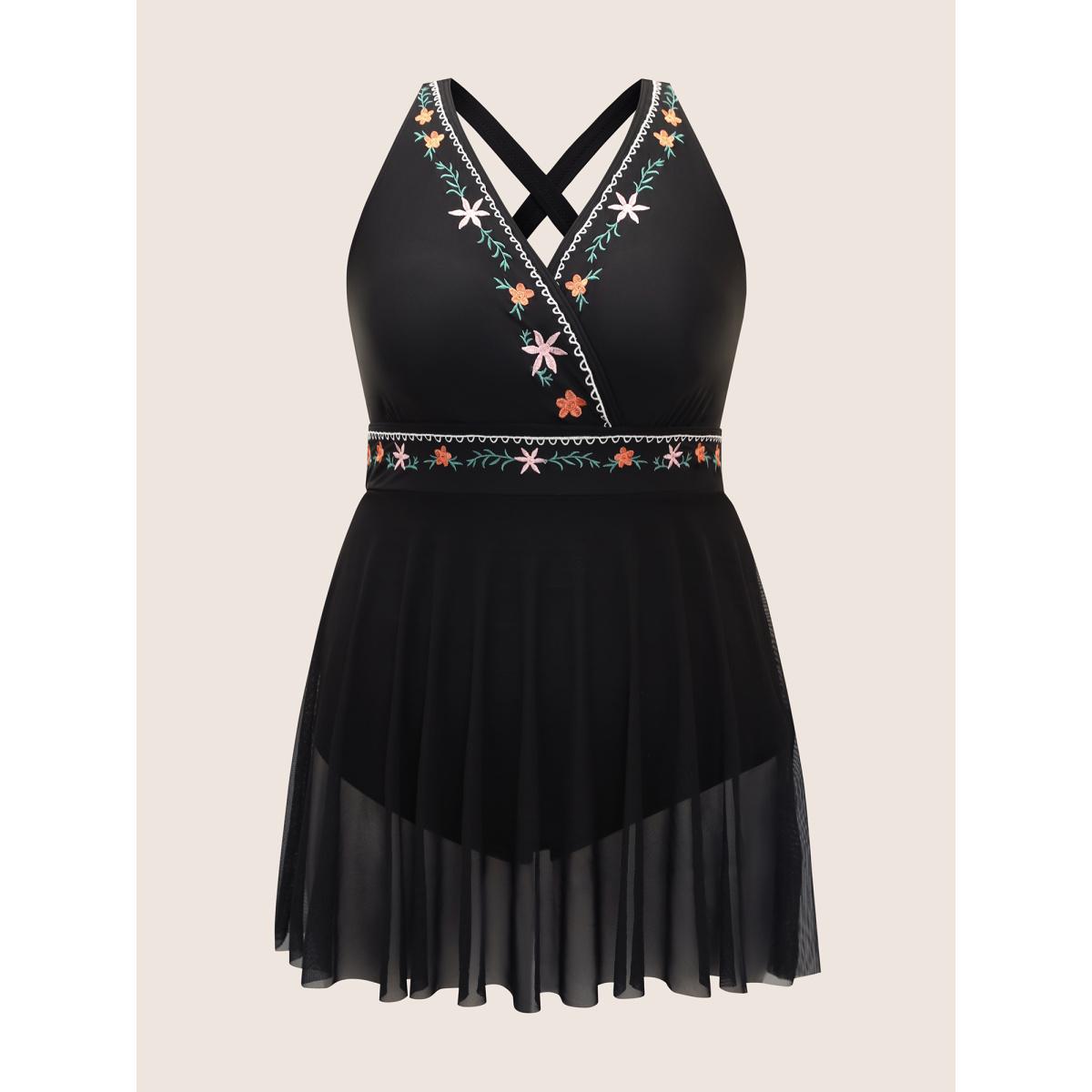 Plus Size Floral Embroidered Overlap Collar Swim Dress Women's Swimwear Black Beach Bodycon Overlap Collar High stretch Curve Swim Dresses BloomChic 14-16/1X Product Image