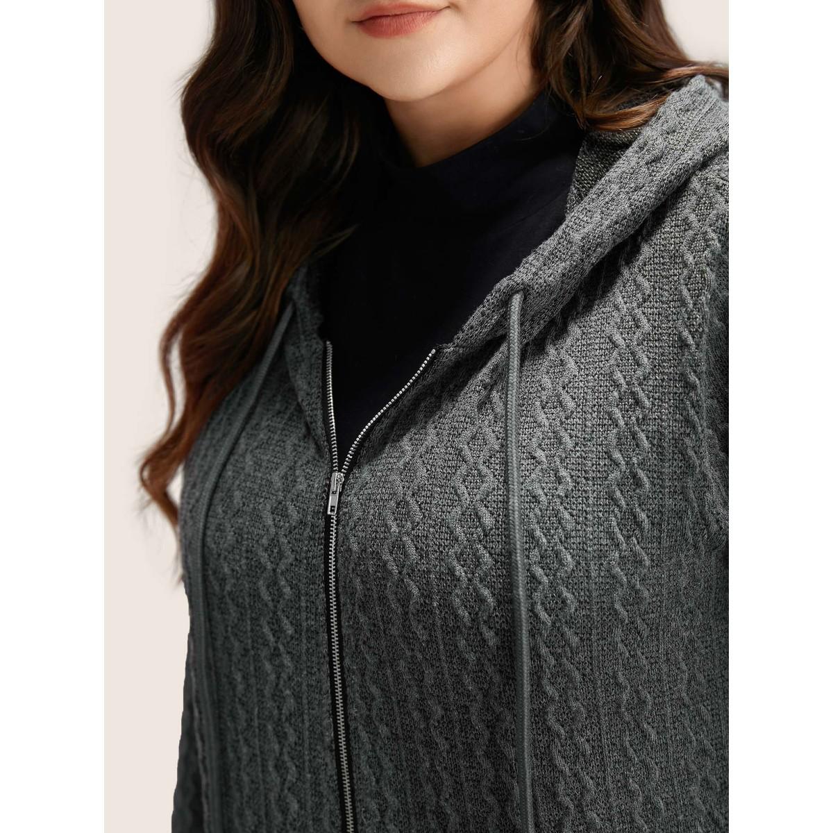 Plus Size Plain Textured Zipper Hooded Sweatshirt Women DimGray Casual Non Hooded Everyday Sweatshirts BloomChic 10/M Product Image