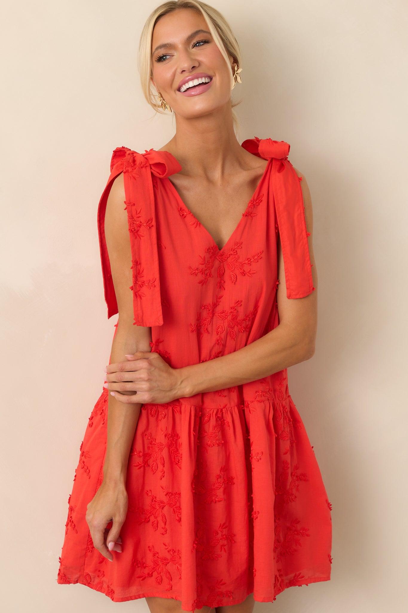 Holding Things Together Red Floral Embroidered Cotton Mini Dress Product Image
