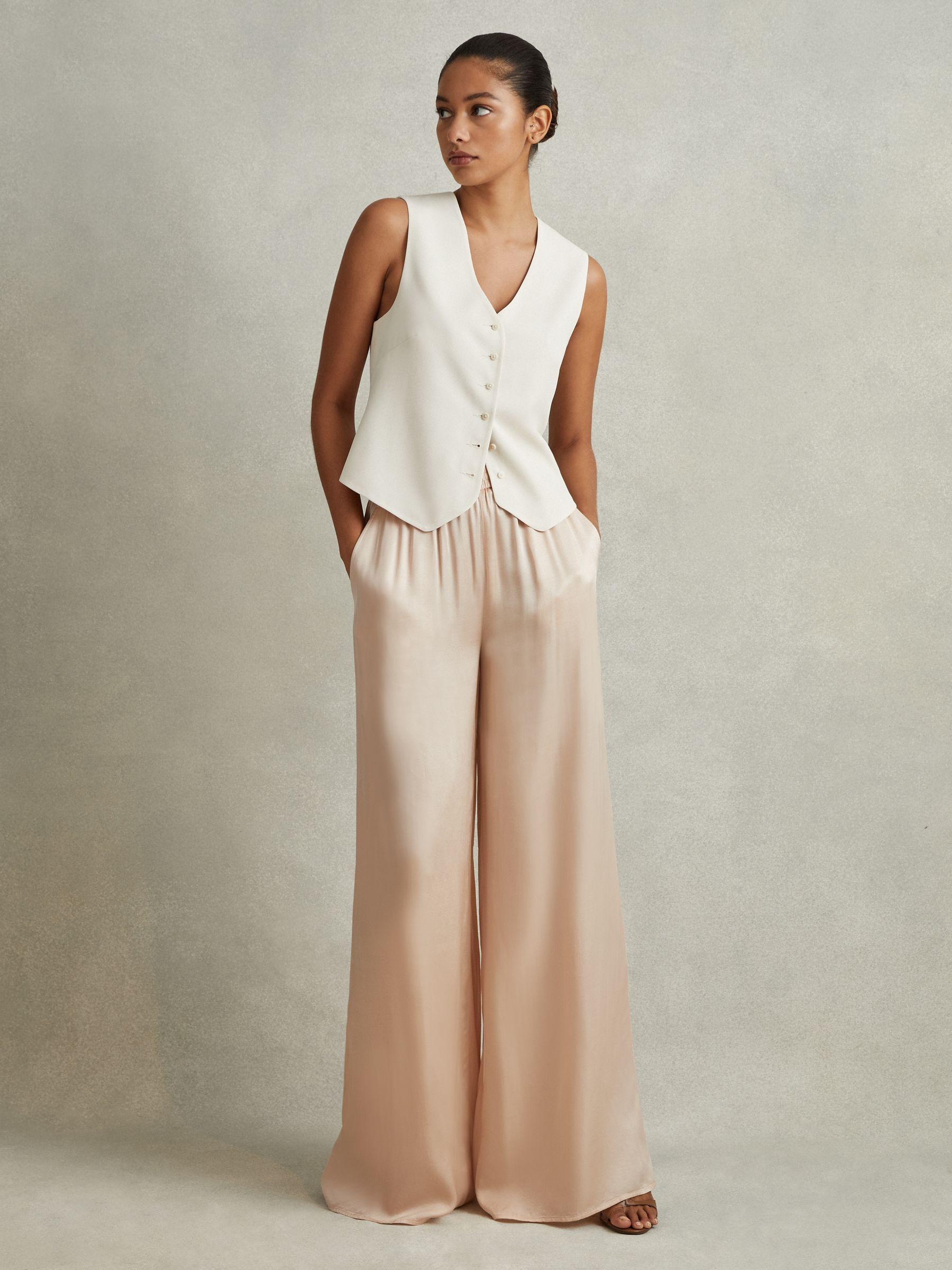 Satin Elasticated Waist Wide Leg Trousers in Champagne Product Image