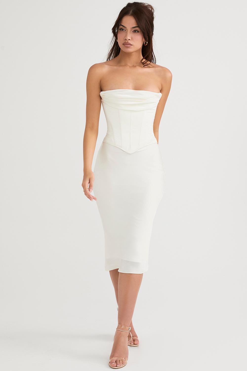 Sienna  ivory satin strapless corset midi dress Product Image