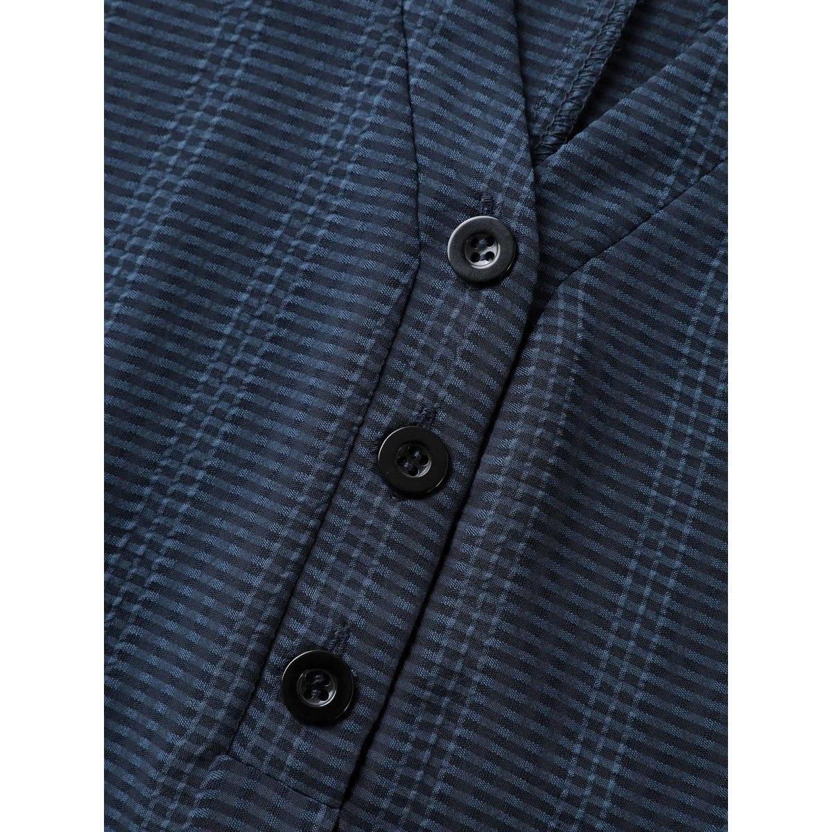 Plus Size Indigo Textured Half Placket Split Neck Shirt Women Short sleeve Flat collar with V-notch Work Blouses BloomChic 28/5X Product Image