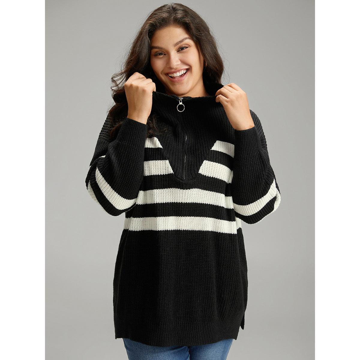 Plus Size Striped Zipper Lapel Collar Drop Shoulder Pullover Black Women Casual Loose Long Sleeve Lapel Collar Dailywear Pullovers BloomChic 14-16/1X Product Image