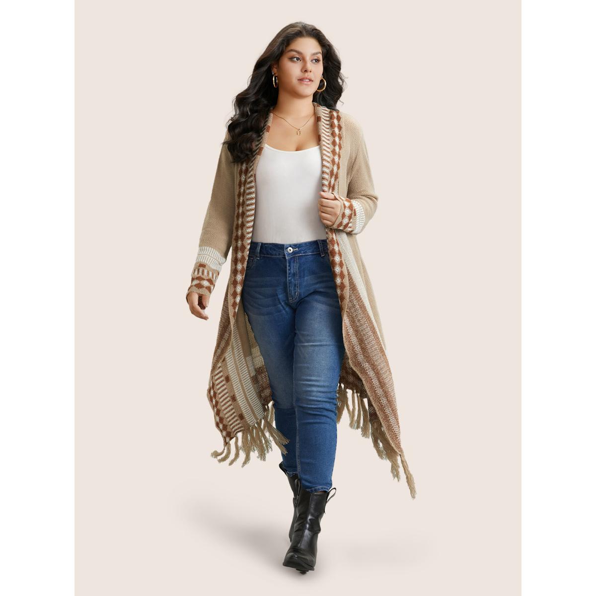 Plus Size Bandana Print Fringe Trim Maxi Cardigan Tan Women Casual Long Sleeve Everyday Cardigans BloomChic 14-16/1X Product Image