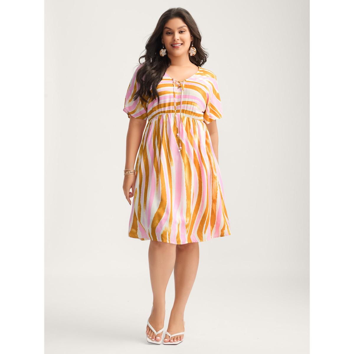 Plus Size Wavy Stripes Neck Tie Tiered Midi Dress Peach Women V-neck Short sleeve Curvy BloomChic 26/4X Product Image