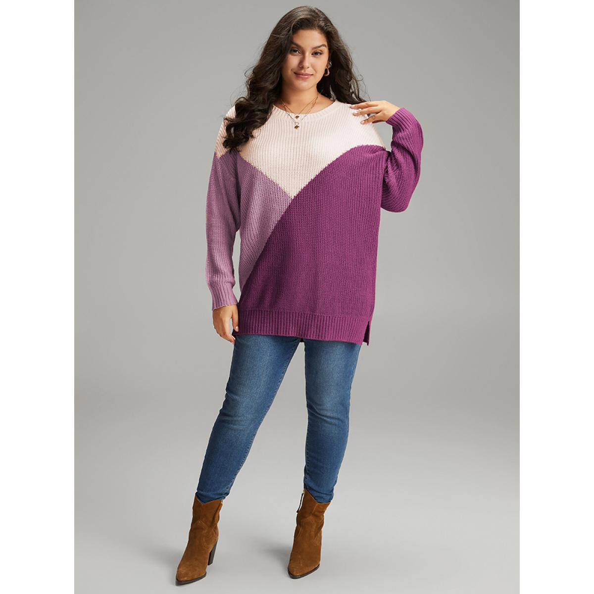 Plus Size Colorblock Split Side Drop Shoulder Pullover RedViolet Women Casual Loose Long Sleeve Round Neck Dailywear Pullovers BloomChic 10/M Product Image