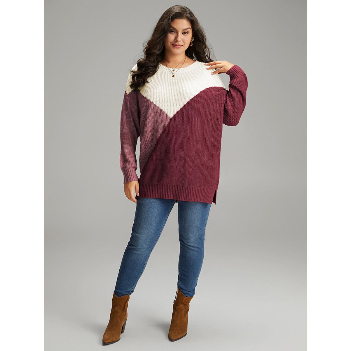 Plus Size Colorblock Split Side Drop Shoulder Pullover Scarlet Women Casual Loose Long Sleeve Round Neck Dailywear Pullovers BloomChic 10/M Product Image