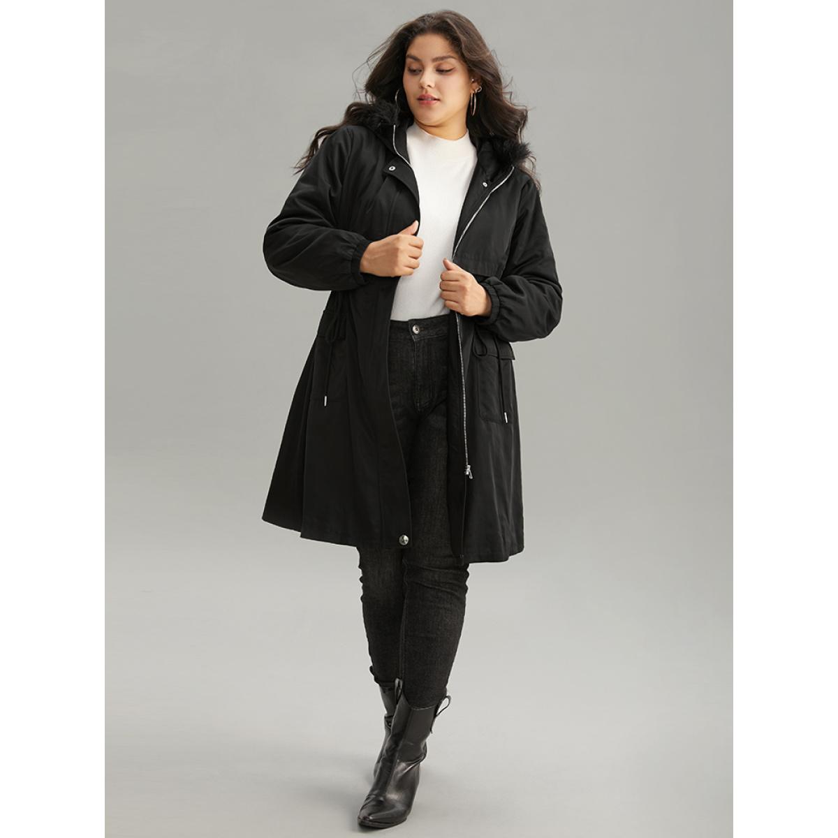 Plus Size Solid Hooded Drawstring Zipper Fuzzy Trim Coat Women Black Casual Plain Ladies Dailywear Winter Coats BloomChic 18-20/2X Product Image