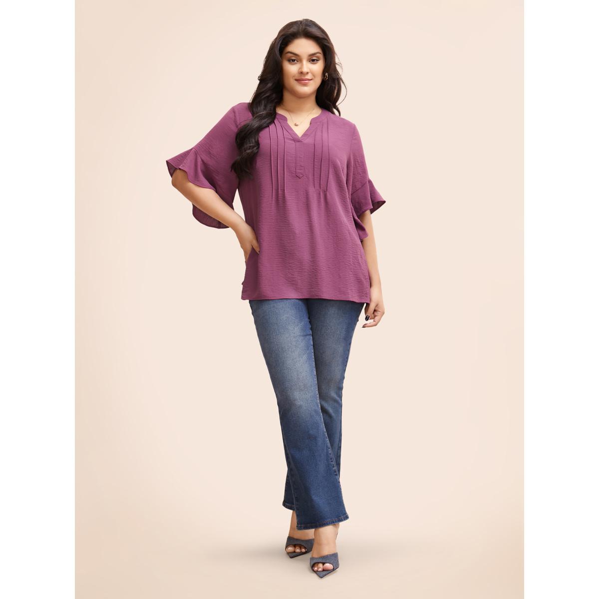 Plus Size Mauve Notched Pleated Ruffles Split Hem Blouse Women Elegant Half Sleeve Flat collar with V-notch Everyday Blouses BloomChic 26/4X Product Image