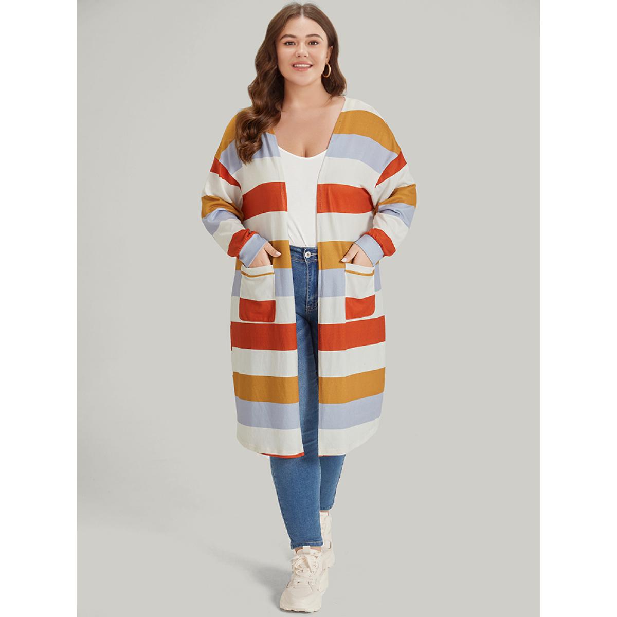 Plus Size Striped Contrast Patched Pocket Open Front Kimono Women Multicolor Casual Elastic cuffs Pocket Dailywear Kimonos BloomChic 12/L Product Image