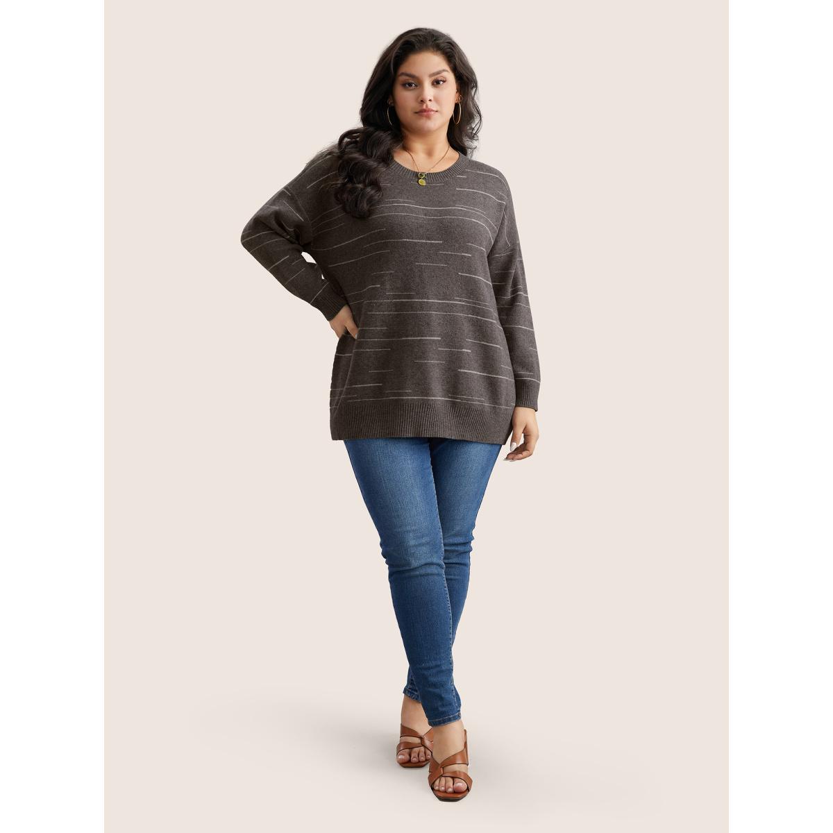 Plus Size Supersoft Essentials Asymmetrical Striped Round Neck Pullover DarkBrown Women Casual Long Sleeve Round Neck Everyday Pullovers BloomChic 10/M Product Image