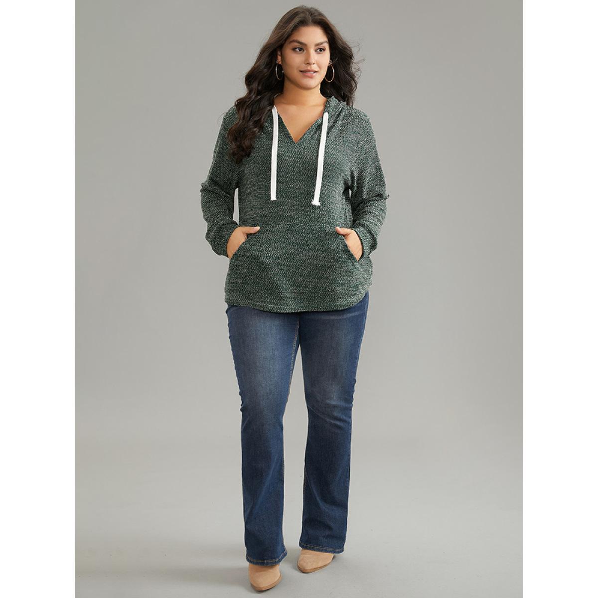 Plus Size Textured Kangaroo Pocket Hooded Sweatshirt Women Green Casual Texture Hooded Everyday Sweatshirts BloomChic 28/5X Product Image