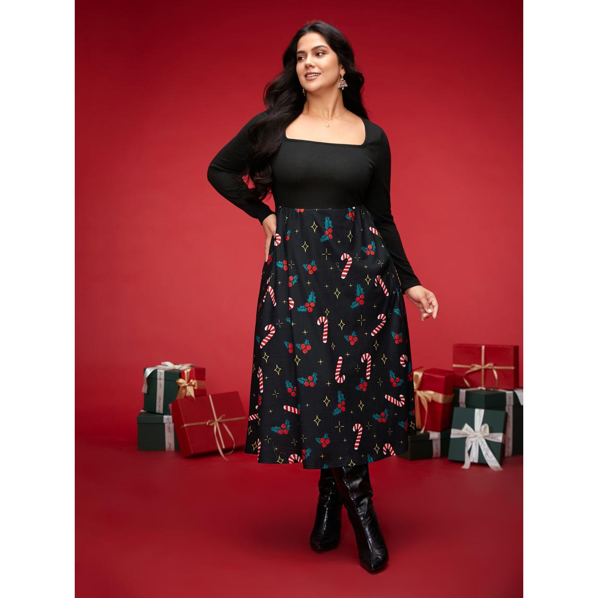 Plus Size Festive Knit Printed Skirt Midi Dress Black Women Elegant Patchwork Party Curvy Bloomchic 14-16/1X Product Image