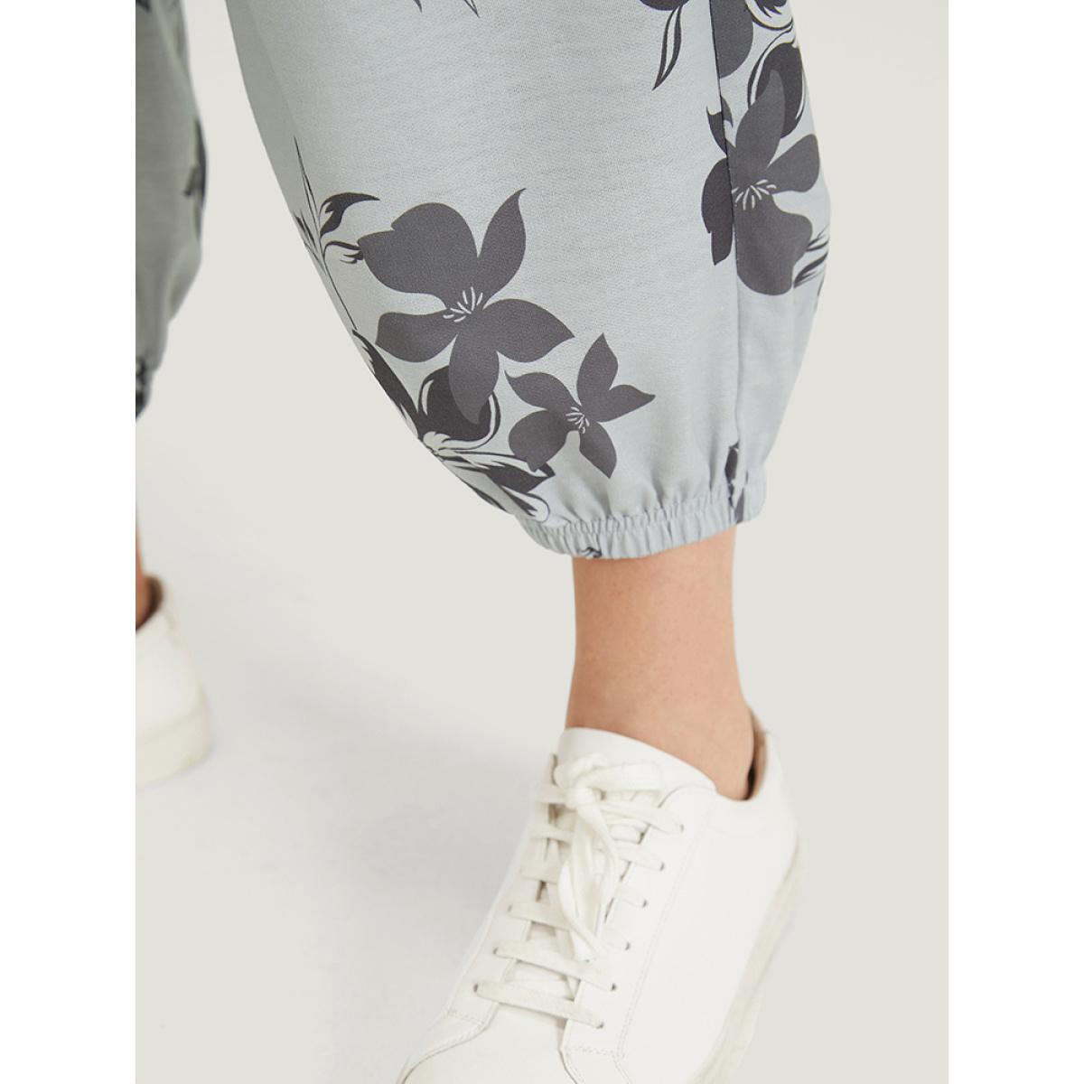 Silhouette Floral Print Pocket Elastic Waist Sweatpants DarkGray Plus Size Women Casual Everyday Elastic Waist 14-16/1X Bloomchic Product Image