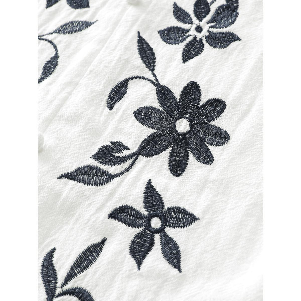 Plus Size Originalwhite Cotton Floral Embroidery Shirred Blouse Women Leisure Extra Long Sleeve Notched collar Vacation Blouses BloomChic 30/6X Product Image