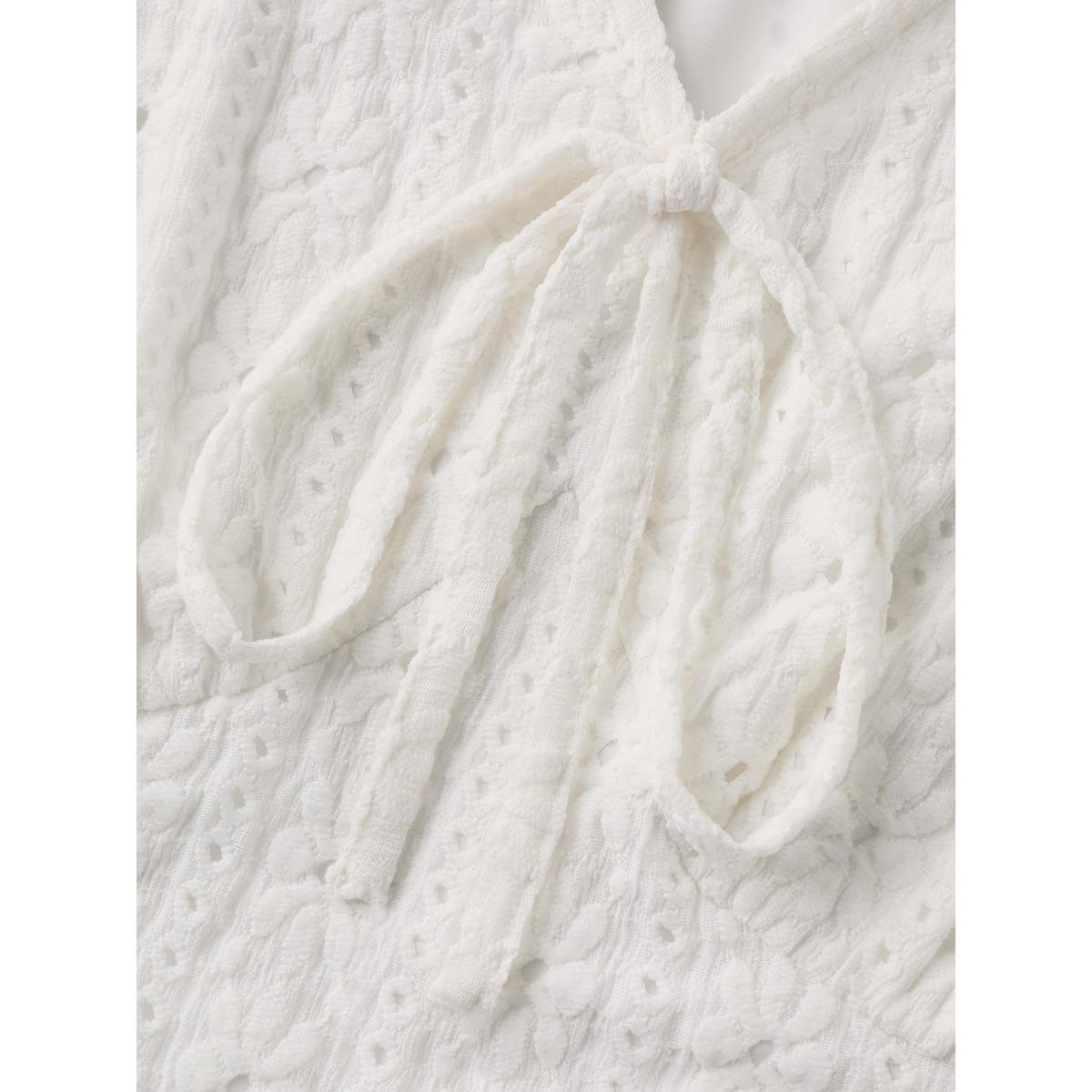 Plus Size Ivory Textured Eyelet Embroidered Solid Blouse Women Short sleeve V-neck Everyday-Elegant Blouses BloomChic 30/6X Product Image