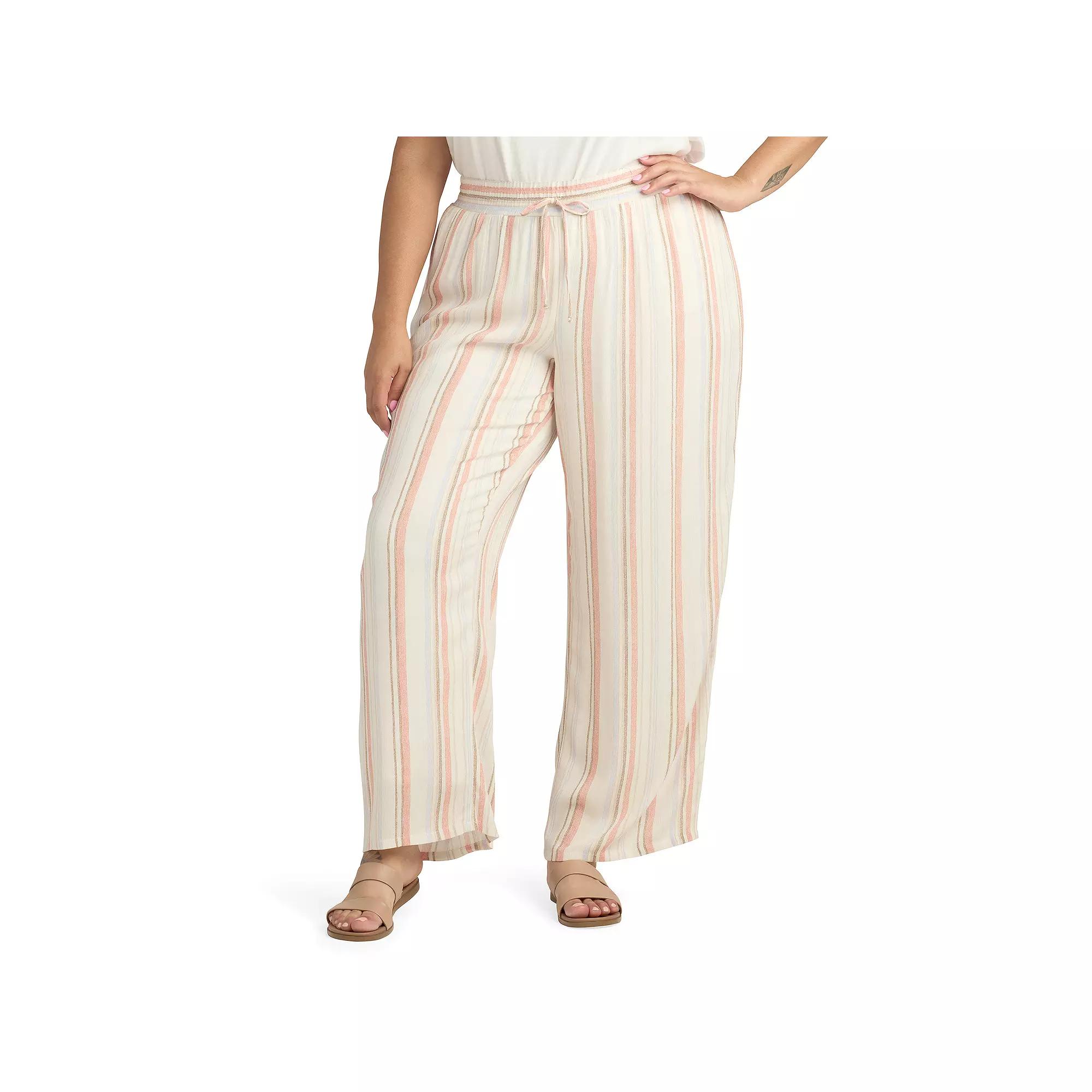 Plus Size AB Studio Pull On Elastic Waist Faux Tie Pants, Womens Pink Blue Stripe Product Image