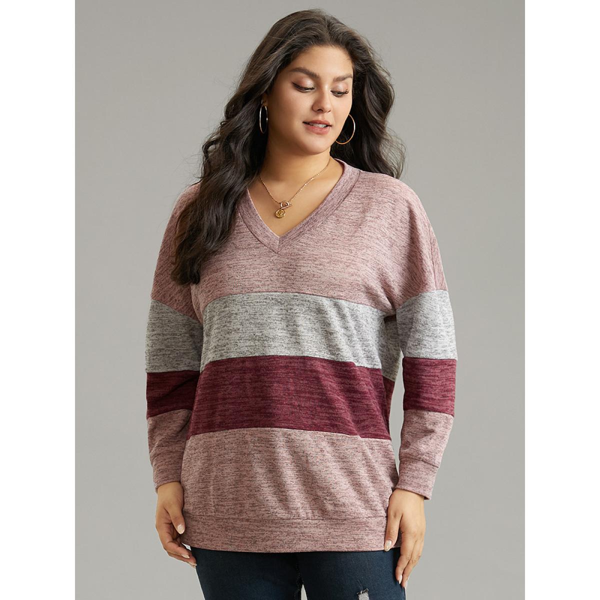 Plus Size Heather Colorblock Long Sleeve Sweatshirt Women Multicolor Casual Heather V-neck Dailywear Sweatshirts BloomChic 30/6X Product Image