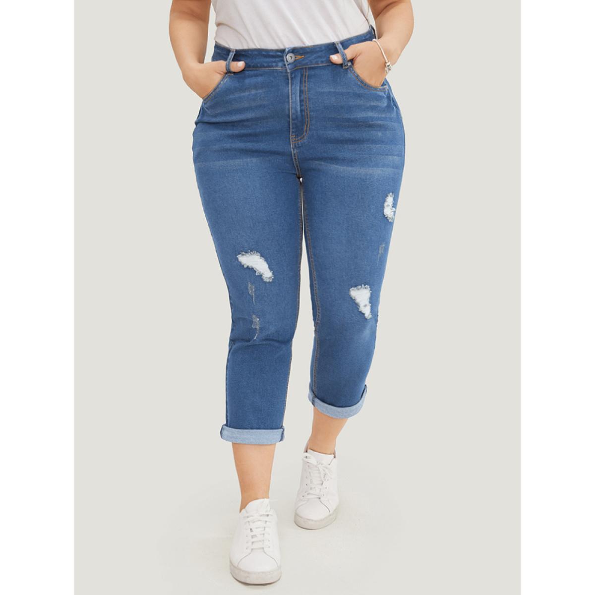 Plus Size Very Stretchy Dark Wash Roll Hem Cropped Jeans Women Blue Casual Plain Distressed High stretch Patch pocket Jeans BloomChic 18/2X Product Image