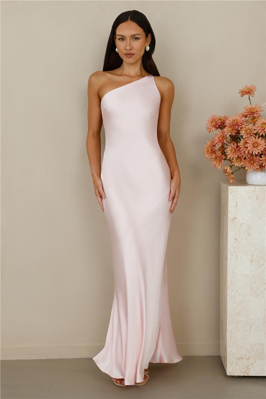 The Evangeline One Shoulder Satin Maxi Dress Pink Product Image