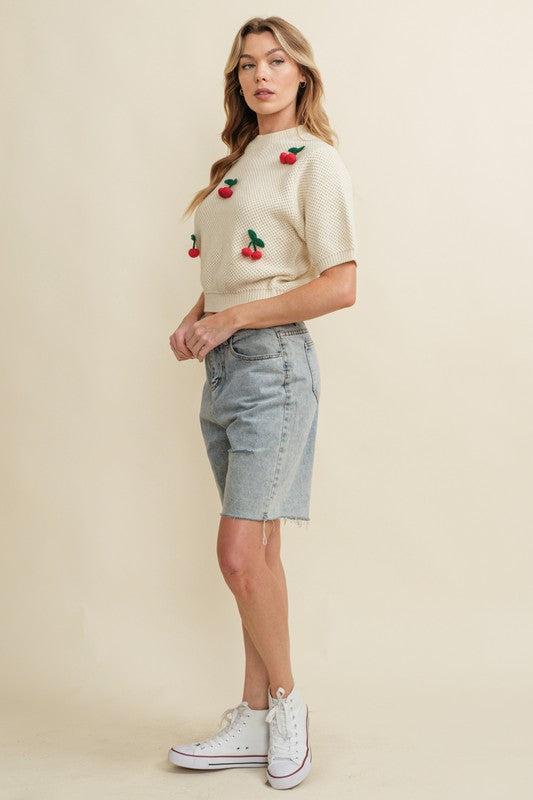 Cherry Accent Short Sleeve Sweater Product Image