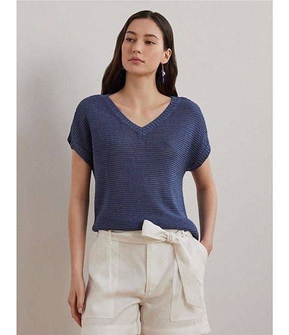Lauren Ralph Lauren Linen Blend V-Neck Short Sleeve Sweater Product Image