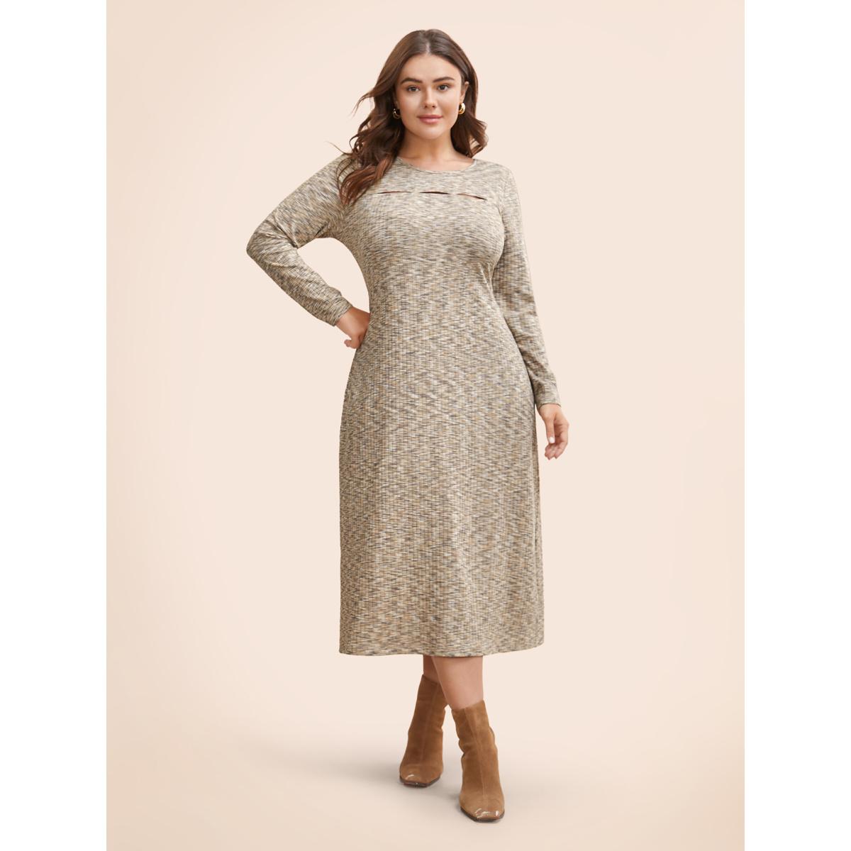 Plus Size Heather Pit Strip Cut Out Dress LightBrown Women Elegant Distressed Round Neck Extra Long Sleeve Curvy BloomChic 18-20/2X Product Image