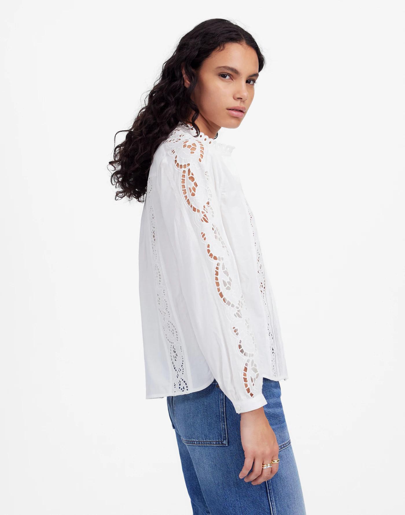 Lace-Inset Pintucked Button-Up Top Product Image