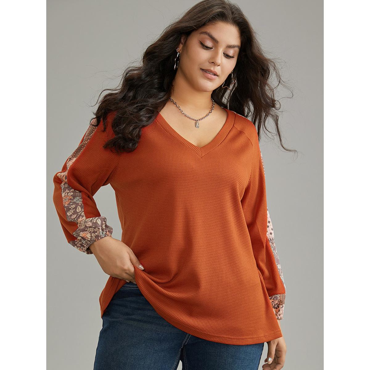 Plus Size Waffle Knit Boho Print Patchwork Raglan Sleeve T-shirt OrangeRed Women Elegant Bohemian Print V-neck Dailywear T-shirts BloomChic 10/M Product Image