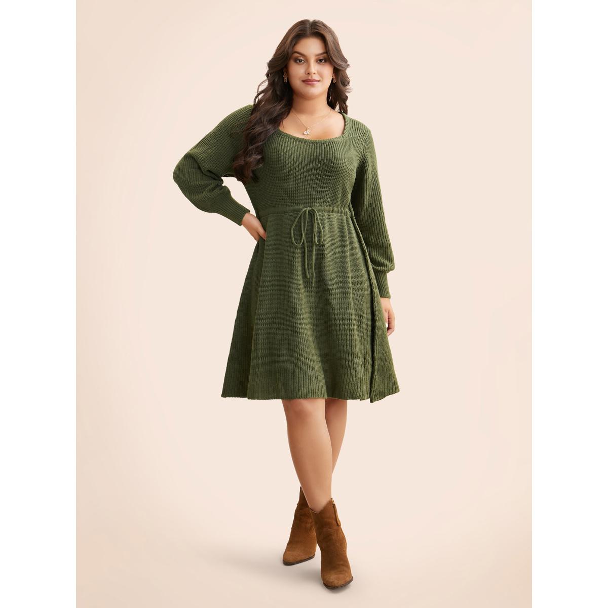 Plus Size Square Neckline Waist-Tie Midi Sweater Dress ArmyGreen Women Casual Bodycon Long Sleeve Everyday Sweater Dresses BloomChic 26/4X Product Image