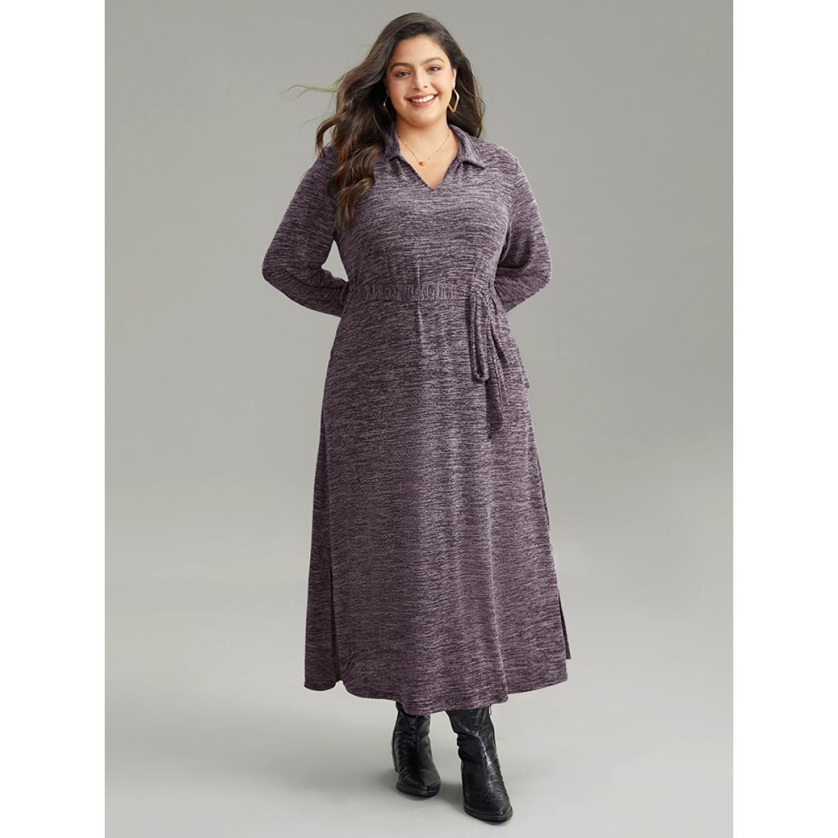 Plus Size Solid Pocket Elastic Waist Ties Split Hem Dress Purple Women Casual Plain Lapel Collar Long Sleeve Curvy Midi Dress BloomChic 14-16/1X Product Image
