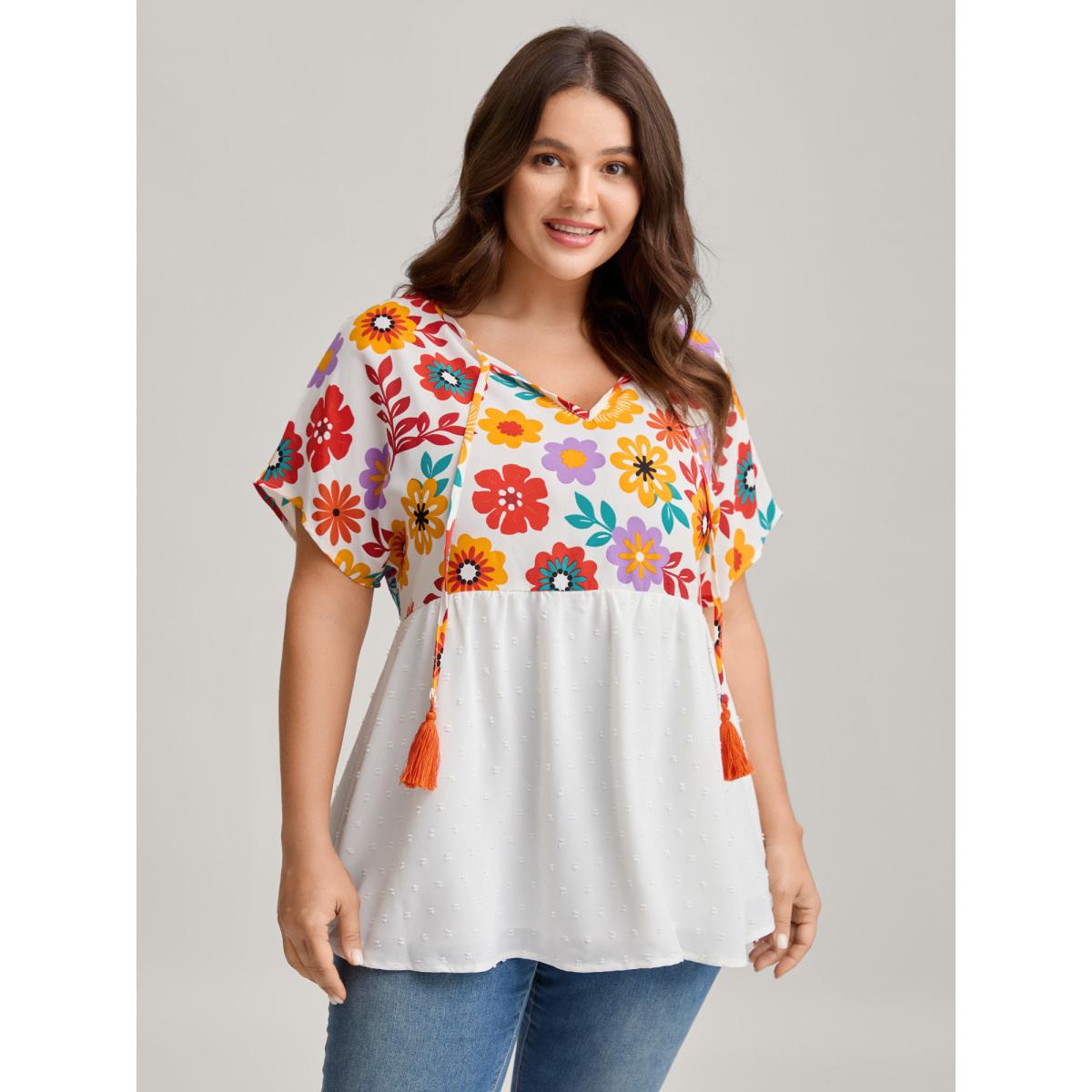 Plus Size WhiteSmoke Floral Print Neck-Tie Babydoll Top Women Resort Short sleeve Non Vacation Blouses BloomChic 28/5X Product Image